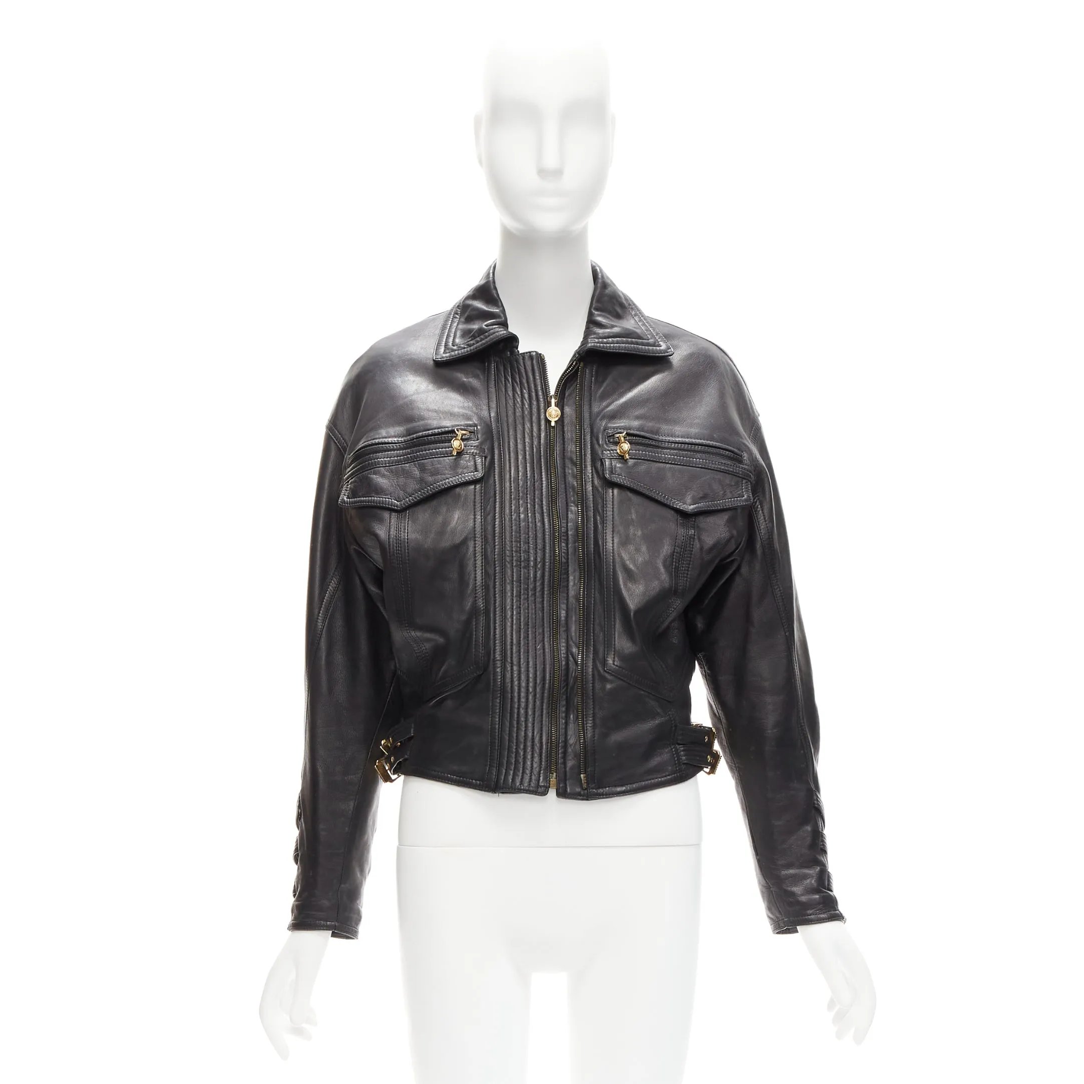 GIANNI VERSACE 1992 S&M black leather gold bondage buckle bomber IT38 XS