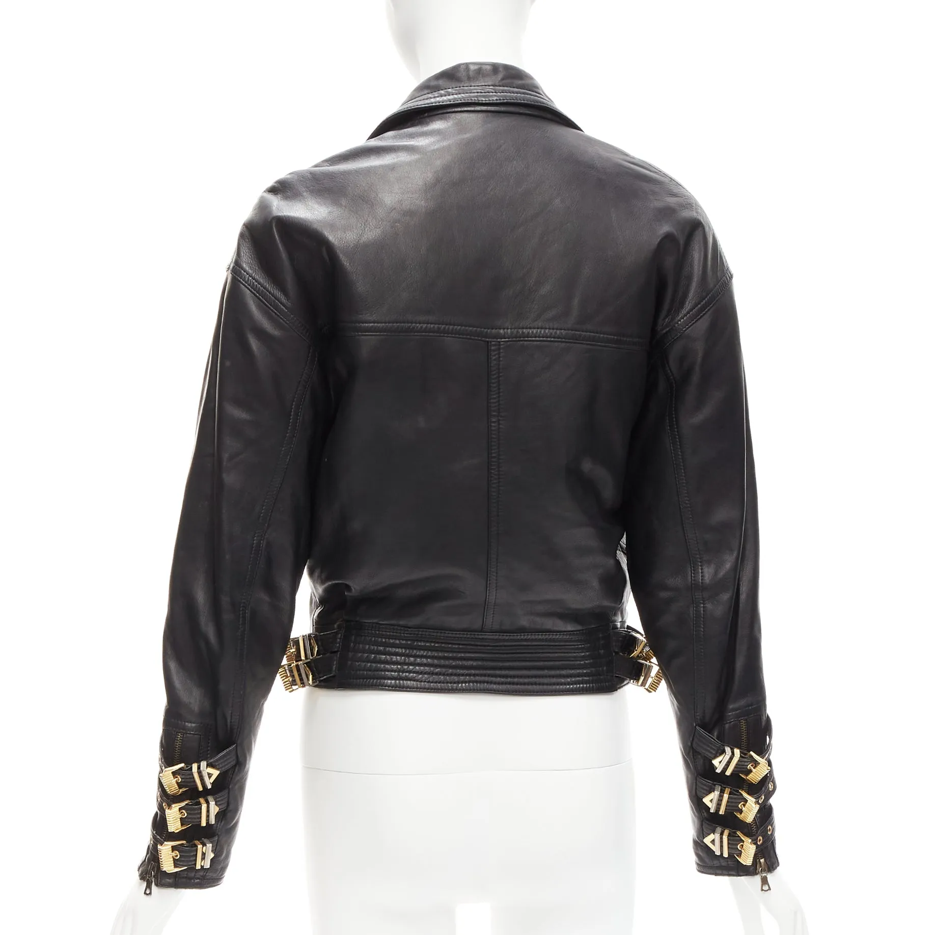 GIANNI VERSACE 1992 S&M black leather gold bondage buckle bomber IT38 XS