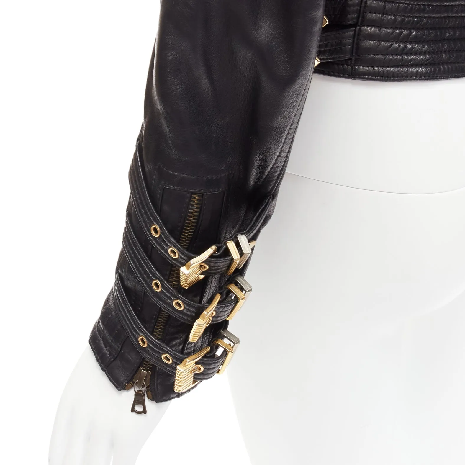 GIANNI VERSACE 1992 S&M black leather gold bondage buckle bomber IT38 XS