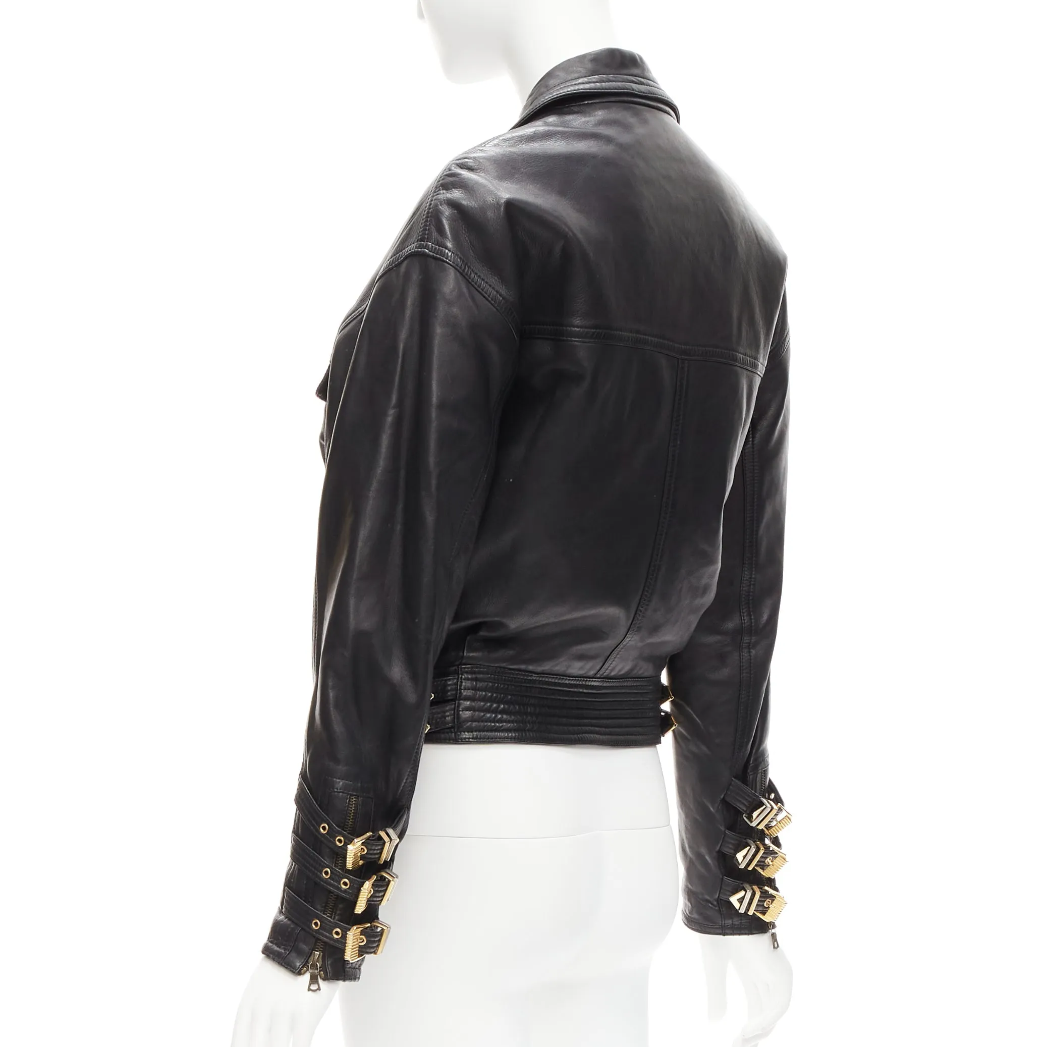 GIANNI VERSACE 1992 S&M black leather gold bondage buckle bomber IT38 XS