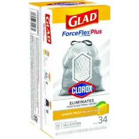 Glad Force Flex Plus 13 gal Lemon Scent Tall Kitchen Bags Drawstring 34 pk 0.82 mil