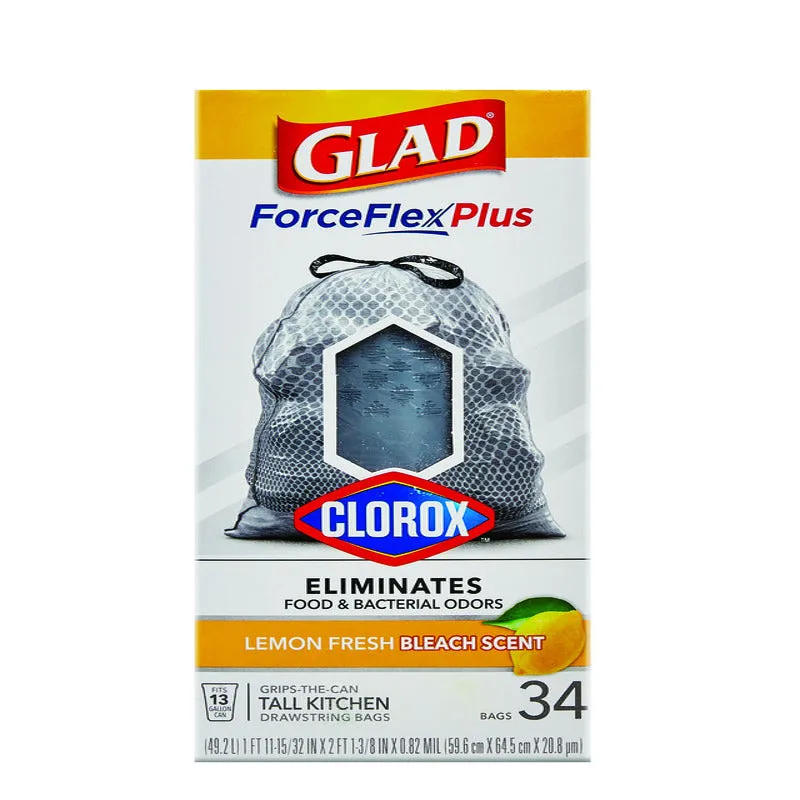 Glad Force Flex Plus 13 gal Lemon Scent Tall Kitchen Bags Drawstring 34 pk 0.82 mil