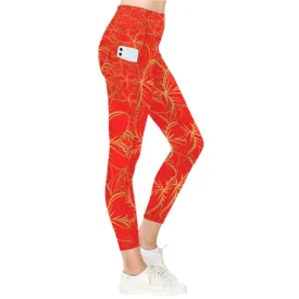 Golden Frangipani Red Leggings with Pockets up to 5 XL (FWS)