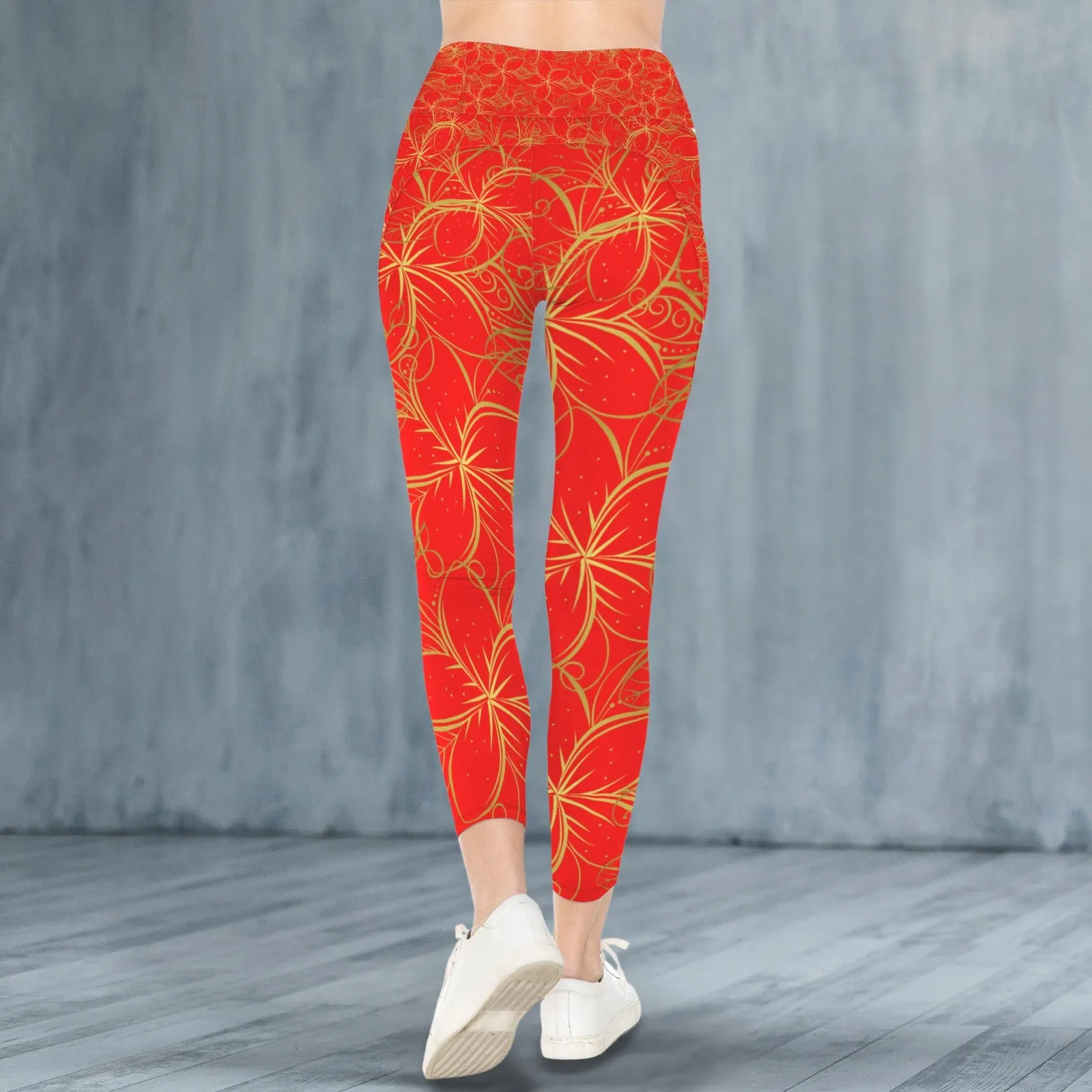 Golden Frangipani Red Leggings with Pockets up to 5 XL (FWS)