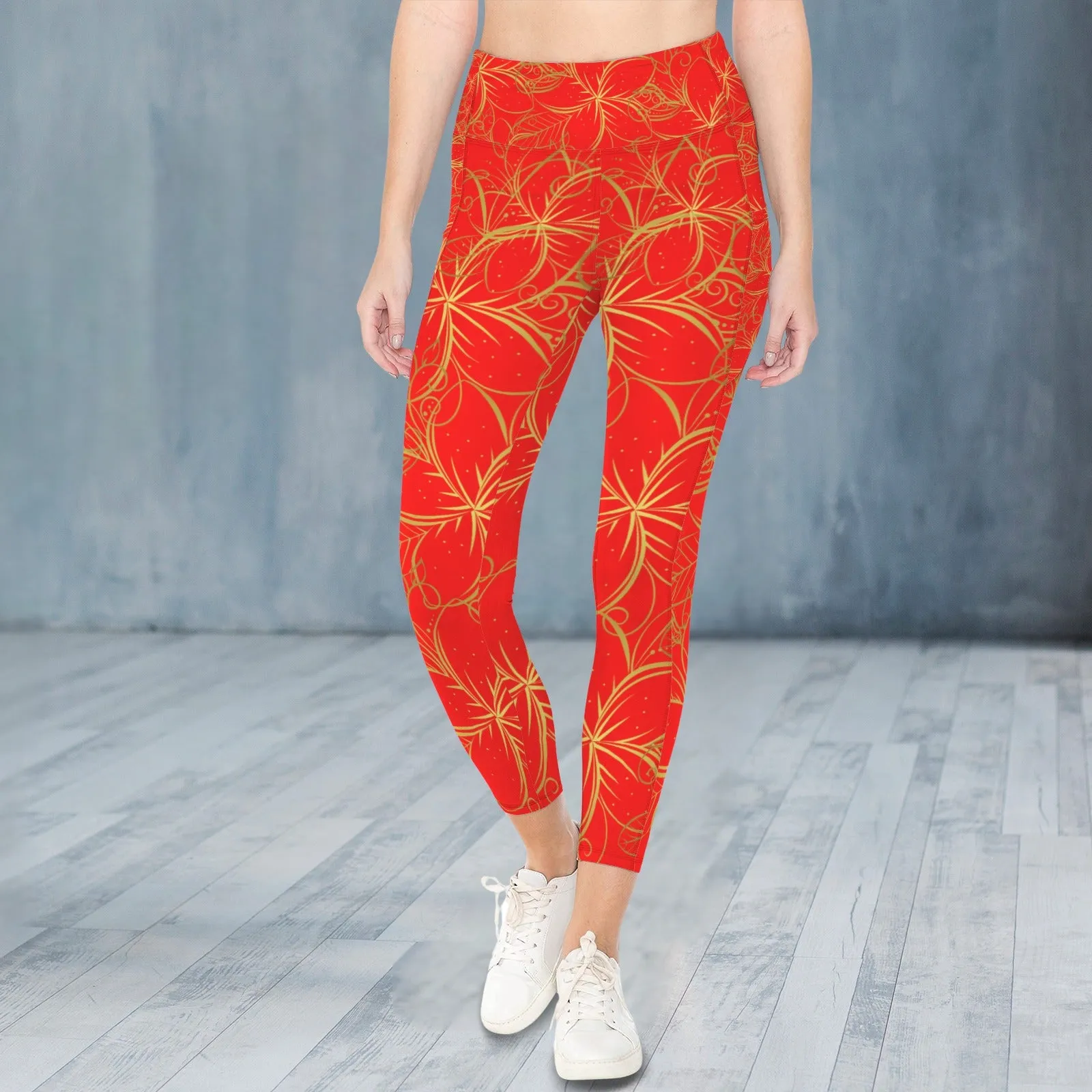 Golden Frangipani Red Leggings with Pockets up to 5 XL (FWS)