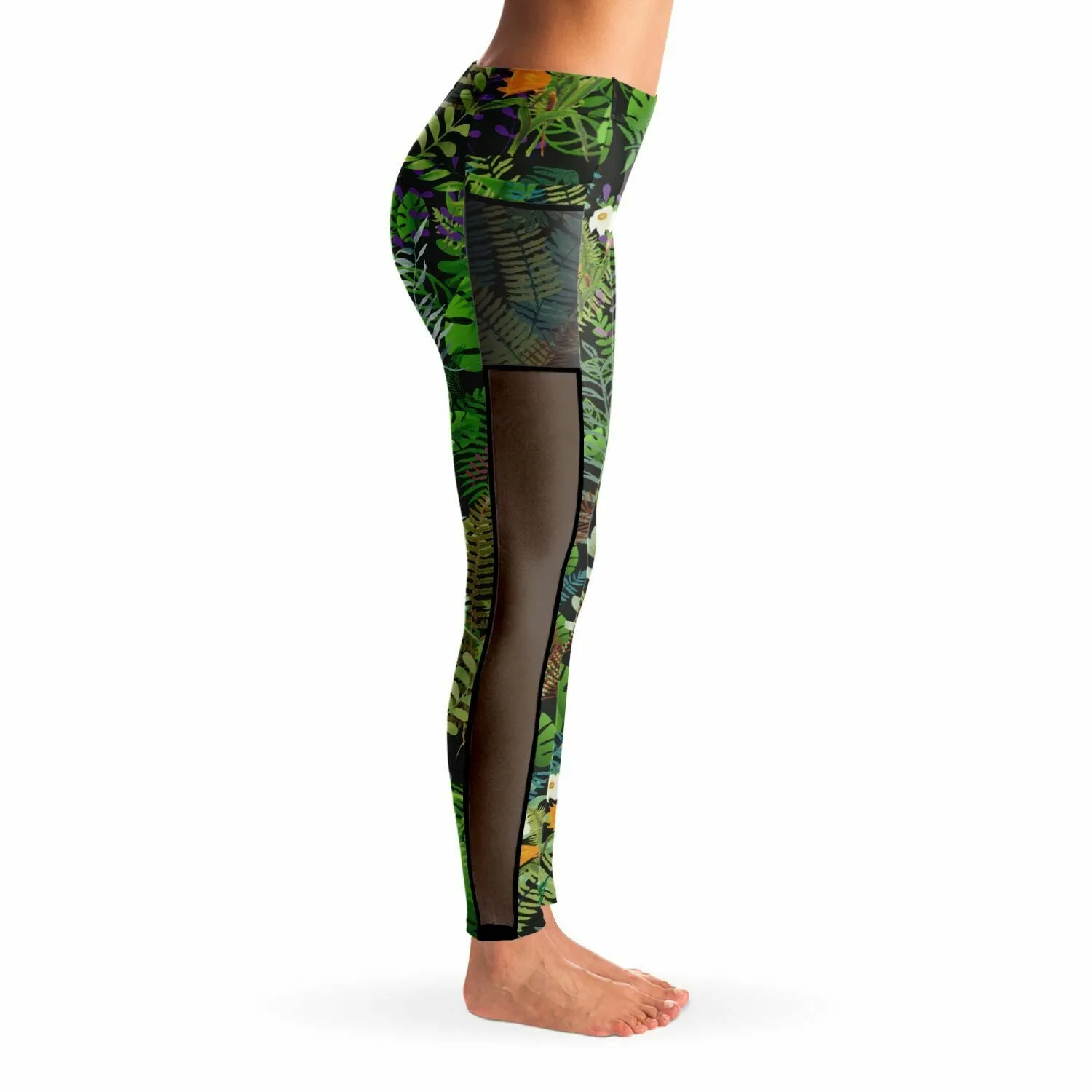 Graphic Jungle Mesh Panel Side Pockets Leggings (FWS)