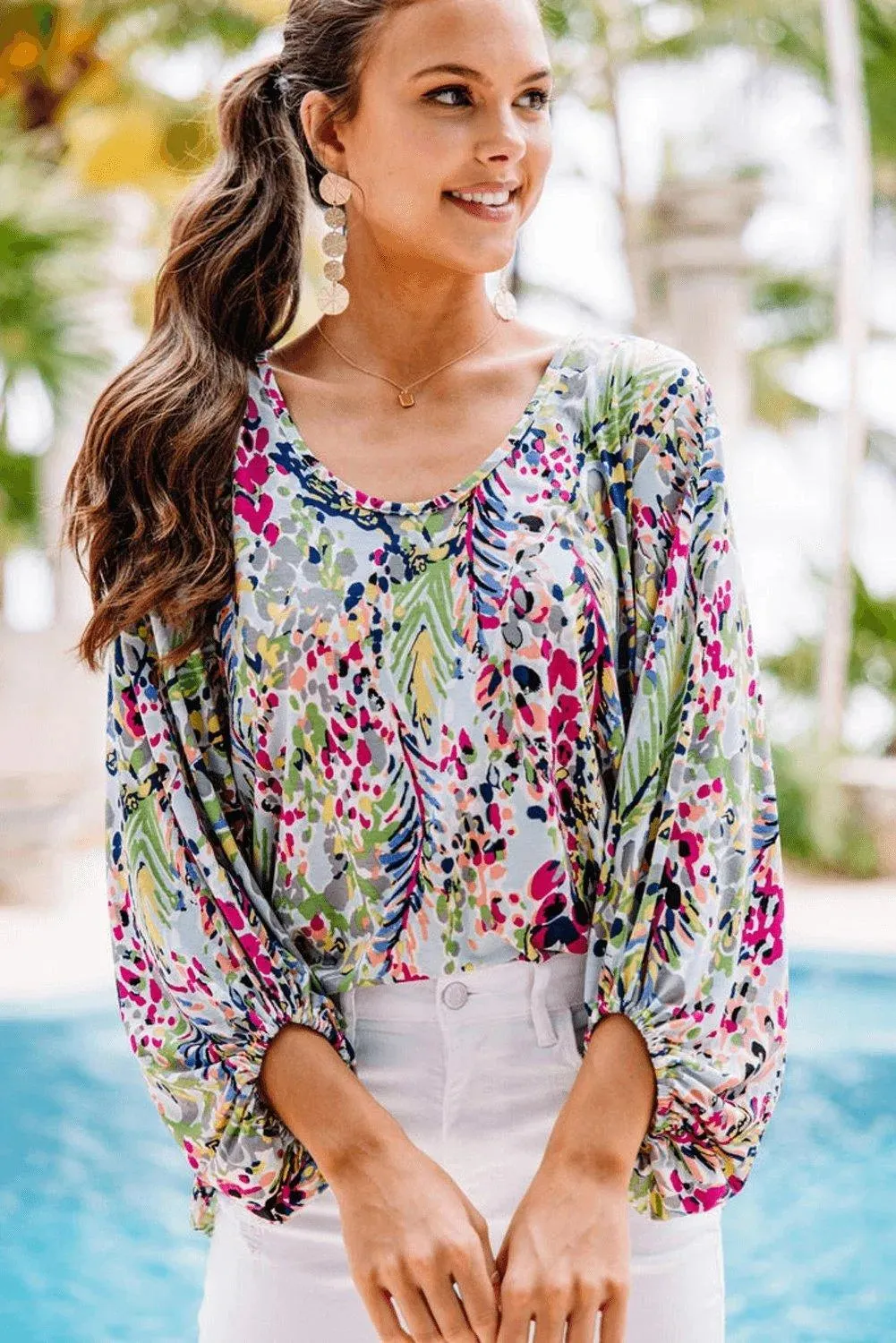 Green Floral Print Puffy Sleeve Loose Blouse