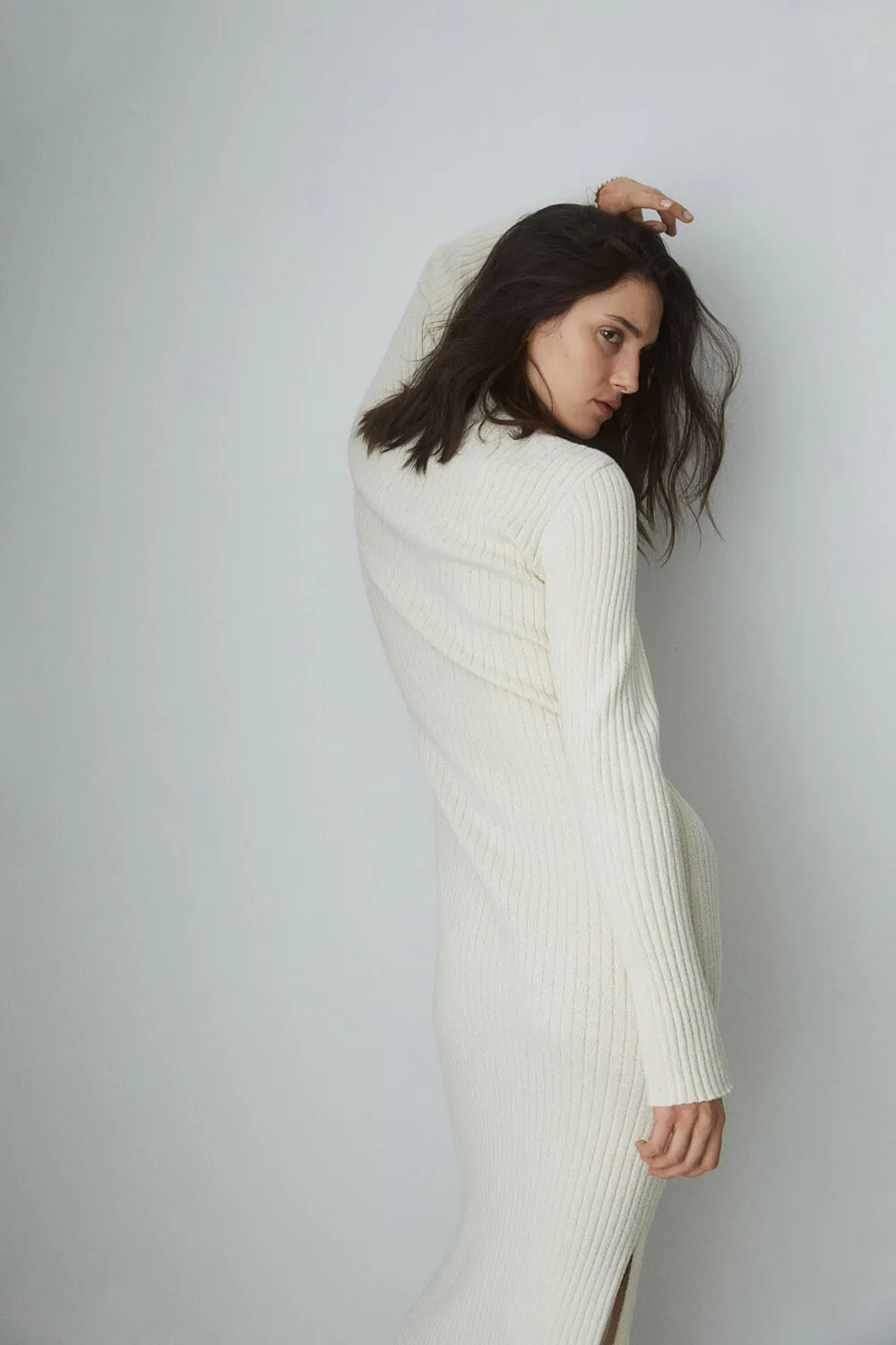 H&M Long Rib Knit Dress, light beige