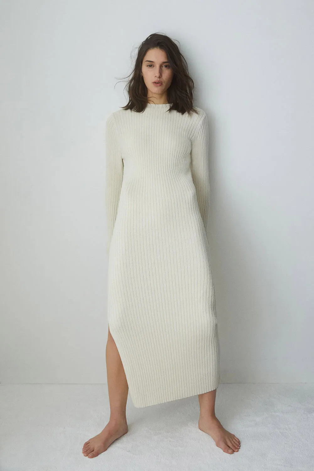 H&M Long Rib Knit Dress, light beige