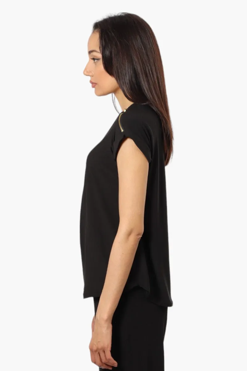 International INC Company Zip Shoulder Cap Sleeve Blouse - Black