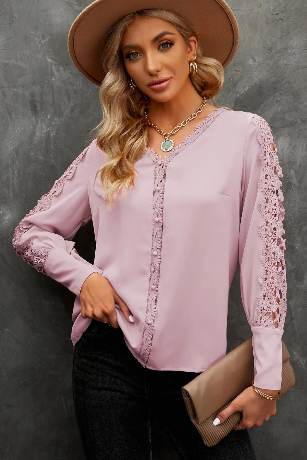 Lace Splicing Buttoned V Neck Shirt