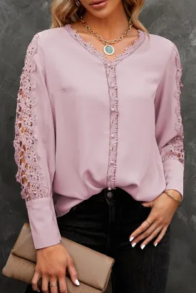 Lace Splicing Buttoned V Neck Shirt