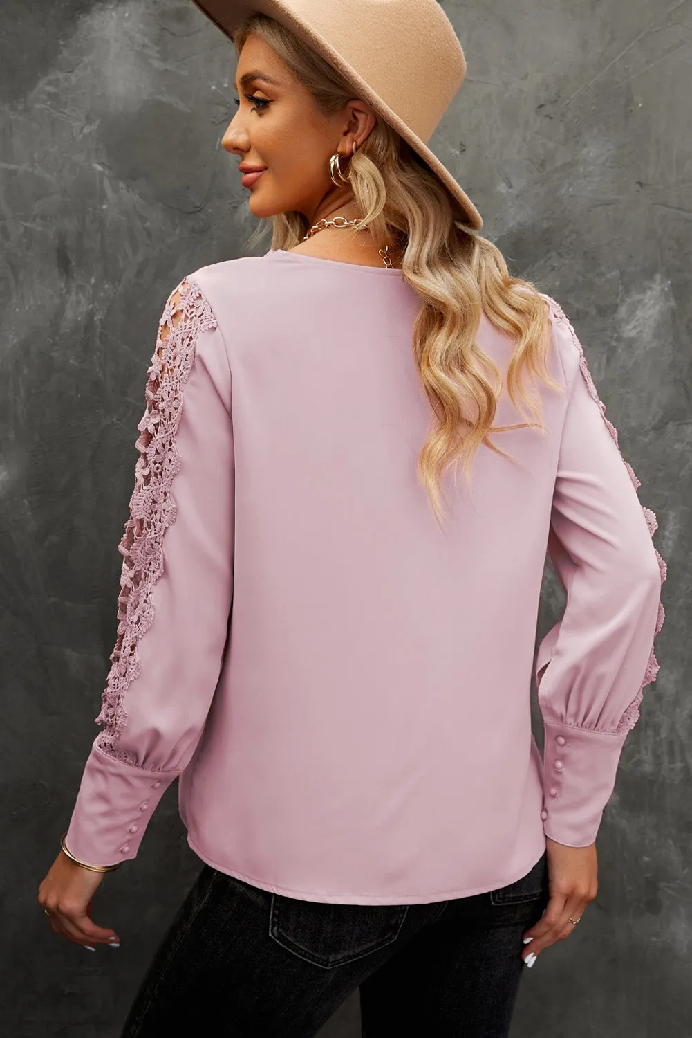 Lace Splicing Buttoned V Neck Shirt