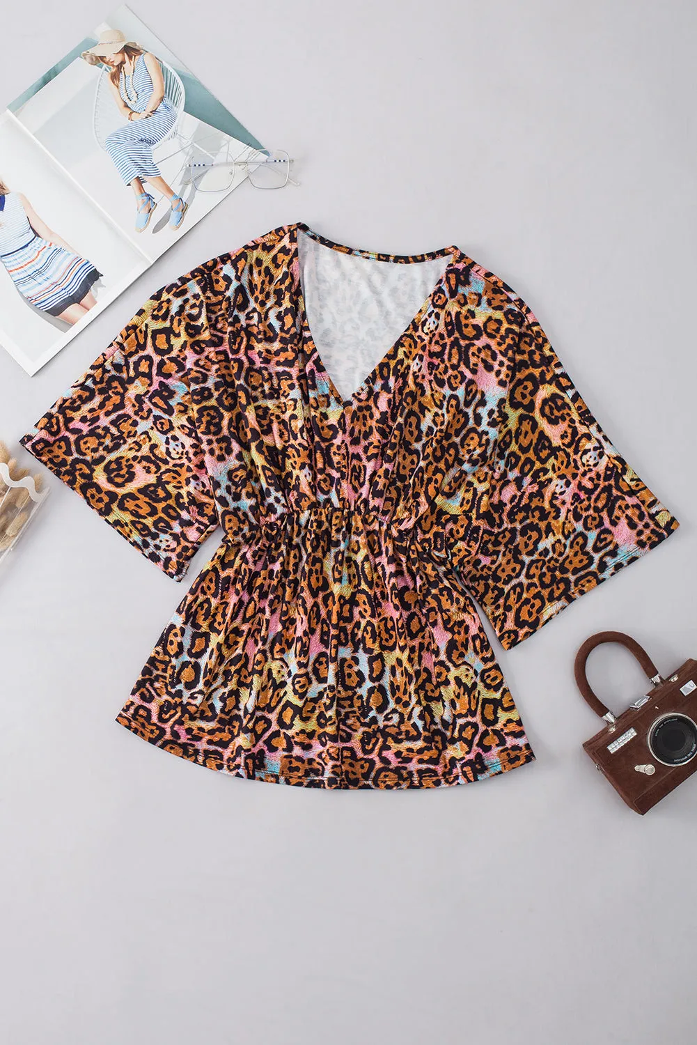 Leopard Print Wide Sleeve Peplum Hem Blouse