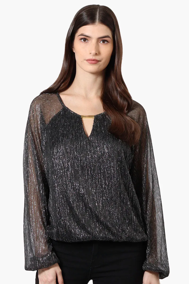 Limite Sheer Sleeve Lurex Keyhole Blouse - Black