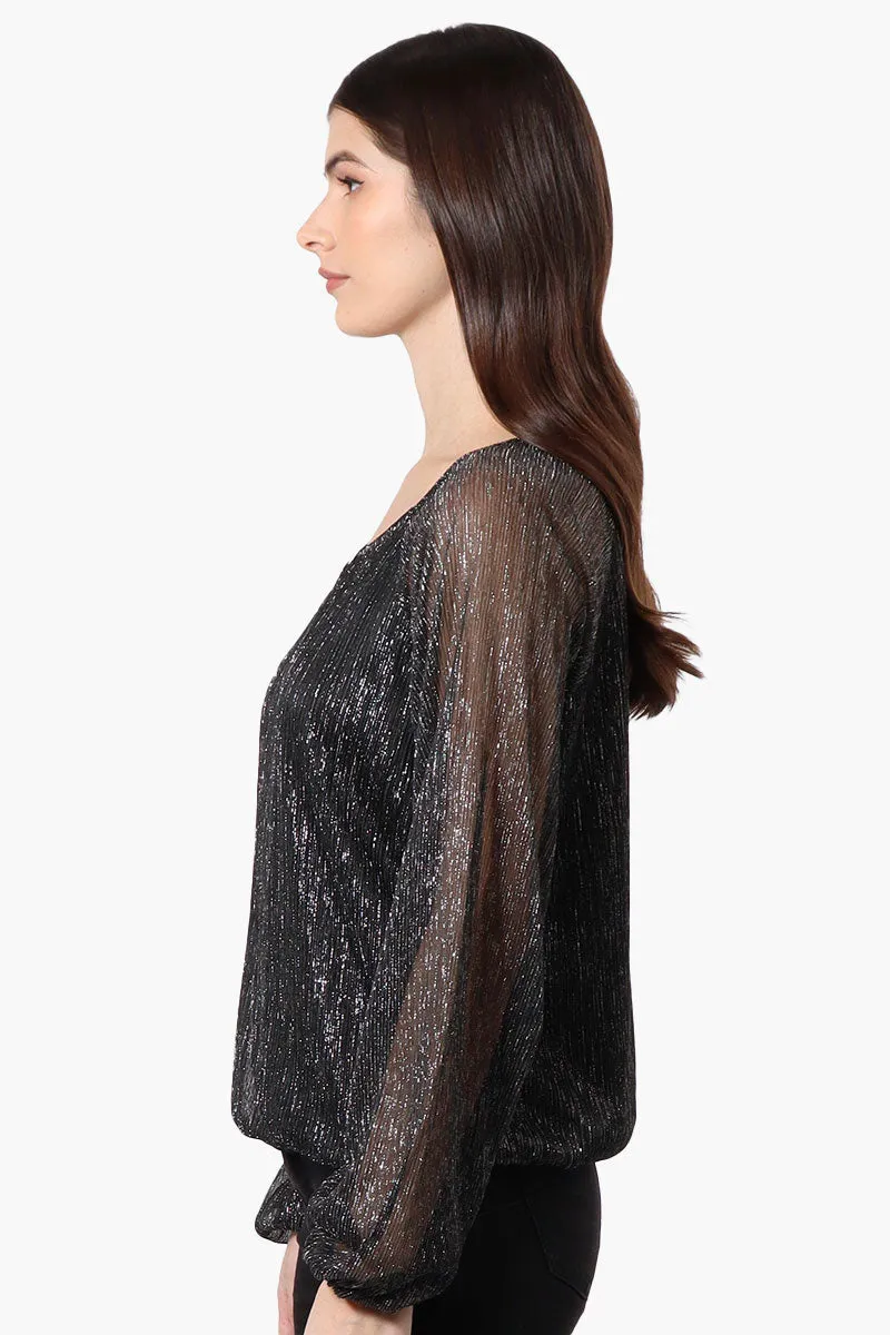 Limite Sheer Sleeve Lurex Keyhole Blouse - Black