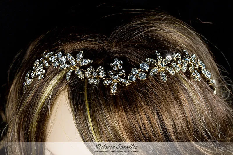 Loretta Flower Forehead Gold Headband| Swarovski Crystal