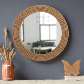 M H TRADING Wall Mount Round Wall Mirror with Hook for Hanging on Wall for Bedroom, Home Decor, wash Basin, Vanity, Makeup, Bathroom (Jute (4), 12 x 12 inch)