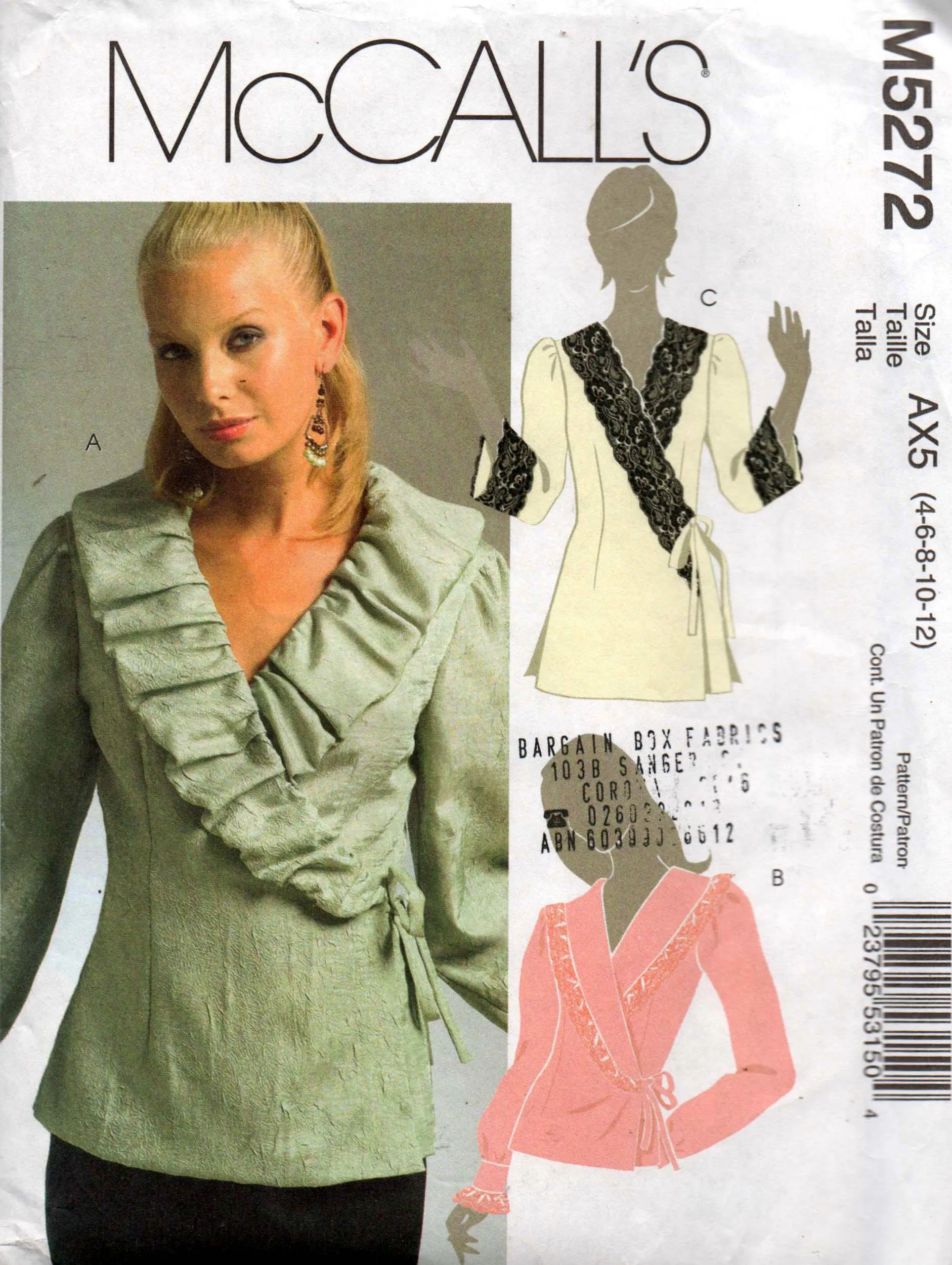 McCall's 5272 Womens Ruffled Summer Wrap Tops Out Of Print Sewing Pattern Sizes 4 - 12 UNCUT Factory Folded