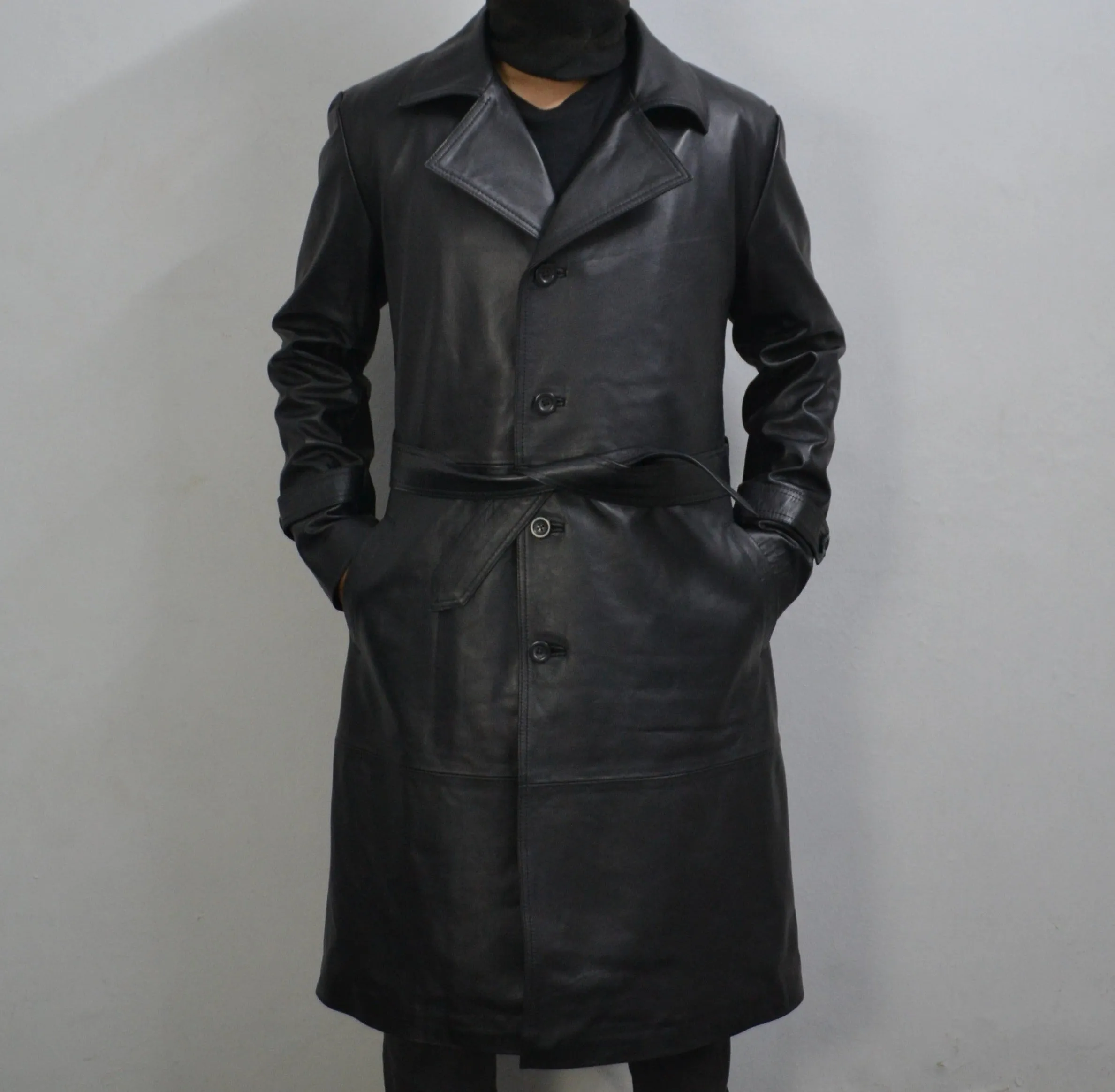 Men's Black Genuine Leather Mid-Length Belted Trench Coat