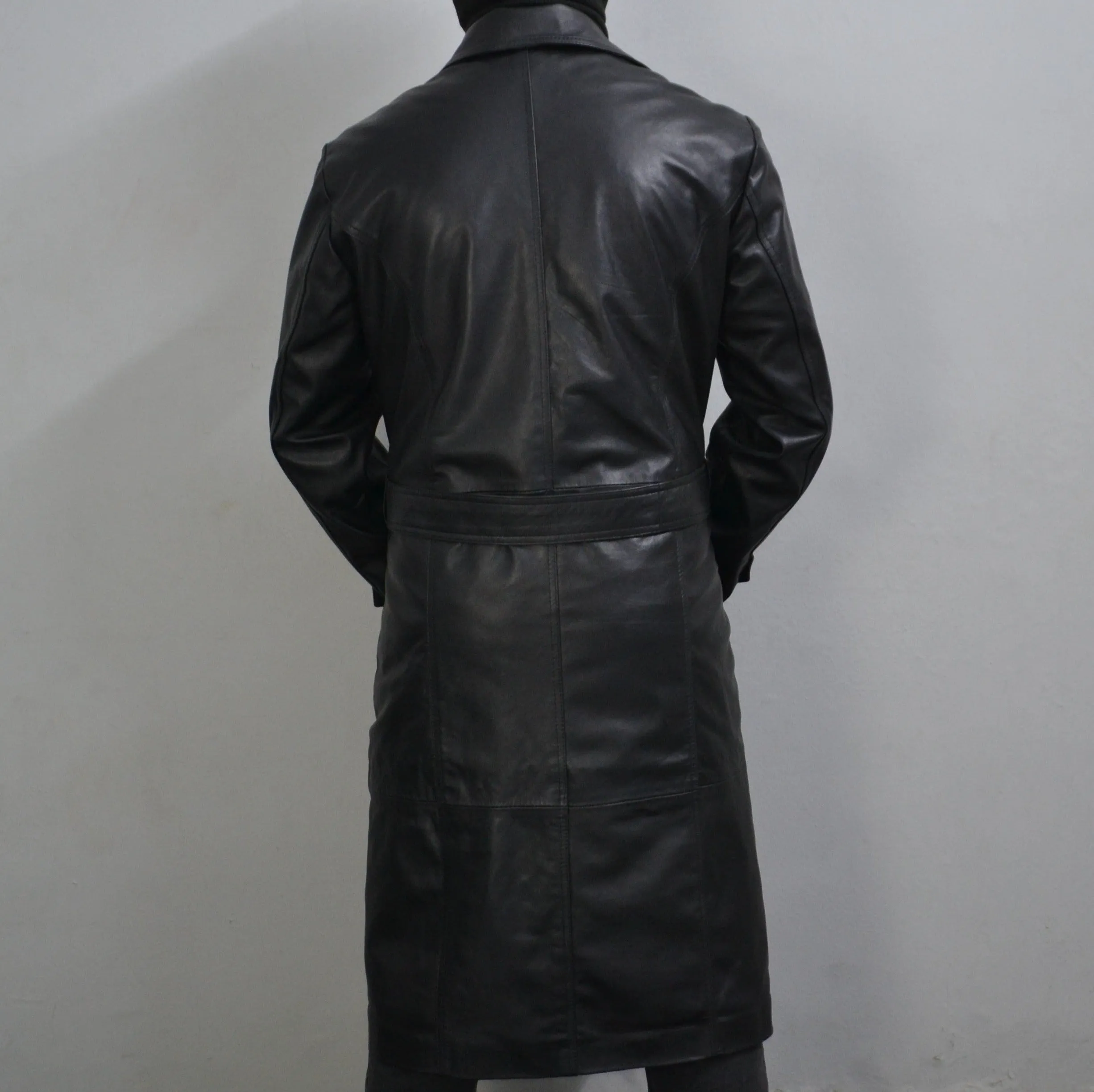 Men's Black Genuine Leather Mid-Length Belted Trench Coat