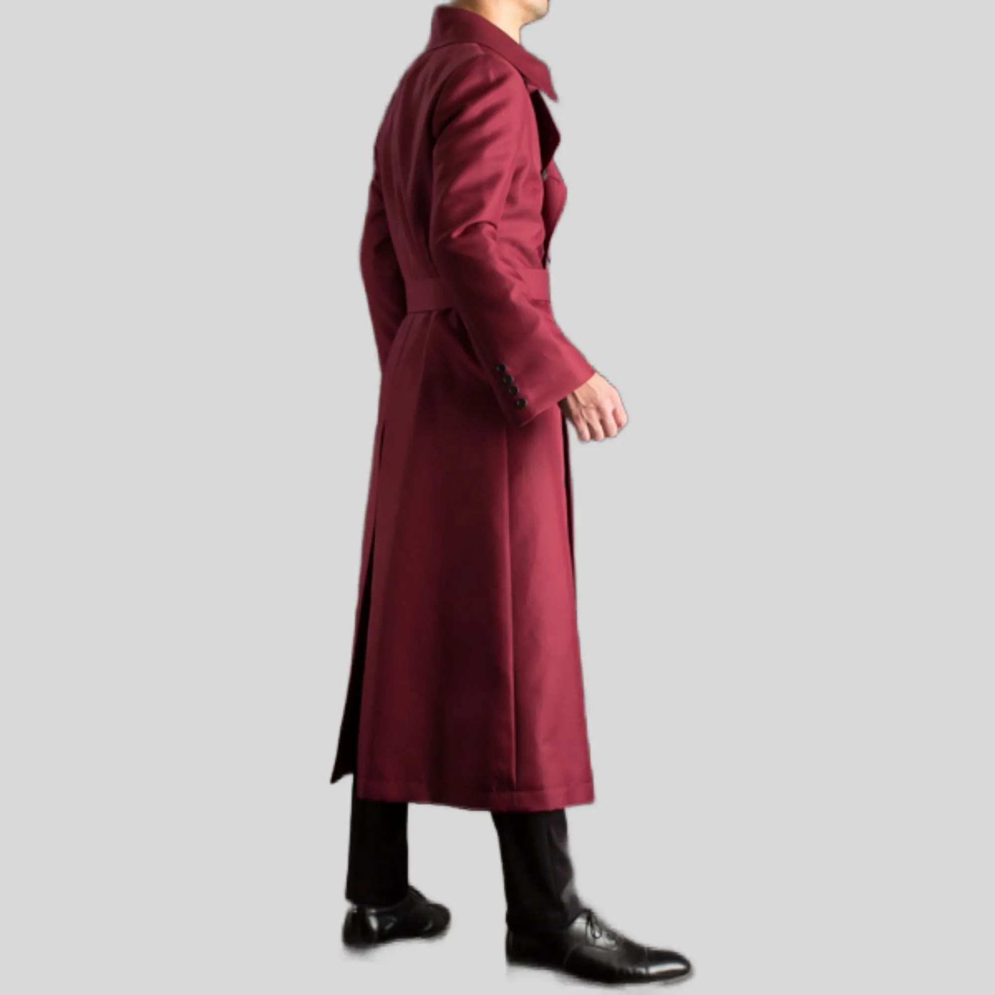 Men's Long Maroon Red Belted Genuine Wool Trench Coat