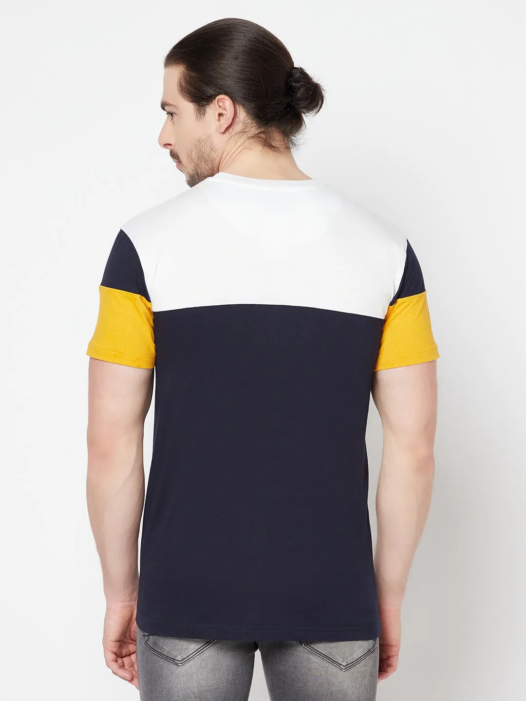 Men's Navy Blue Color block Round neck Half Sleeve T-Shirt with Print