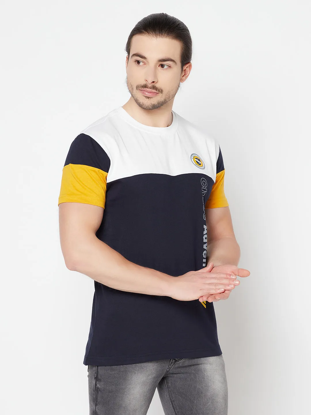 Men's Navy Blue Color block Round neck Half Sleeve T-Shirt with Print