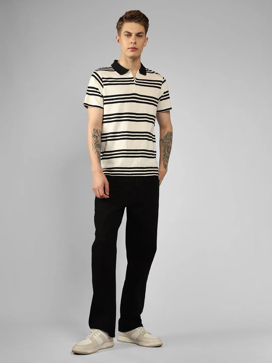 Men's White Striped Polo Collar Half sleeve Regular fit T-Shirt