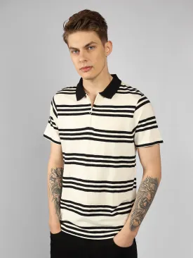 Men's White Striped Polo Collar Half sleeve Regular fit T-Shirt