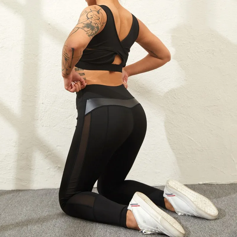 Mesh And PU detail Gym Leggings