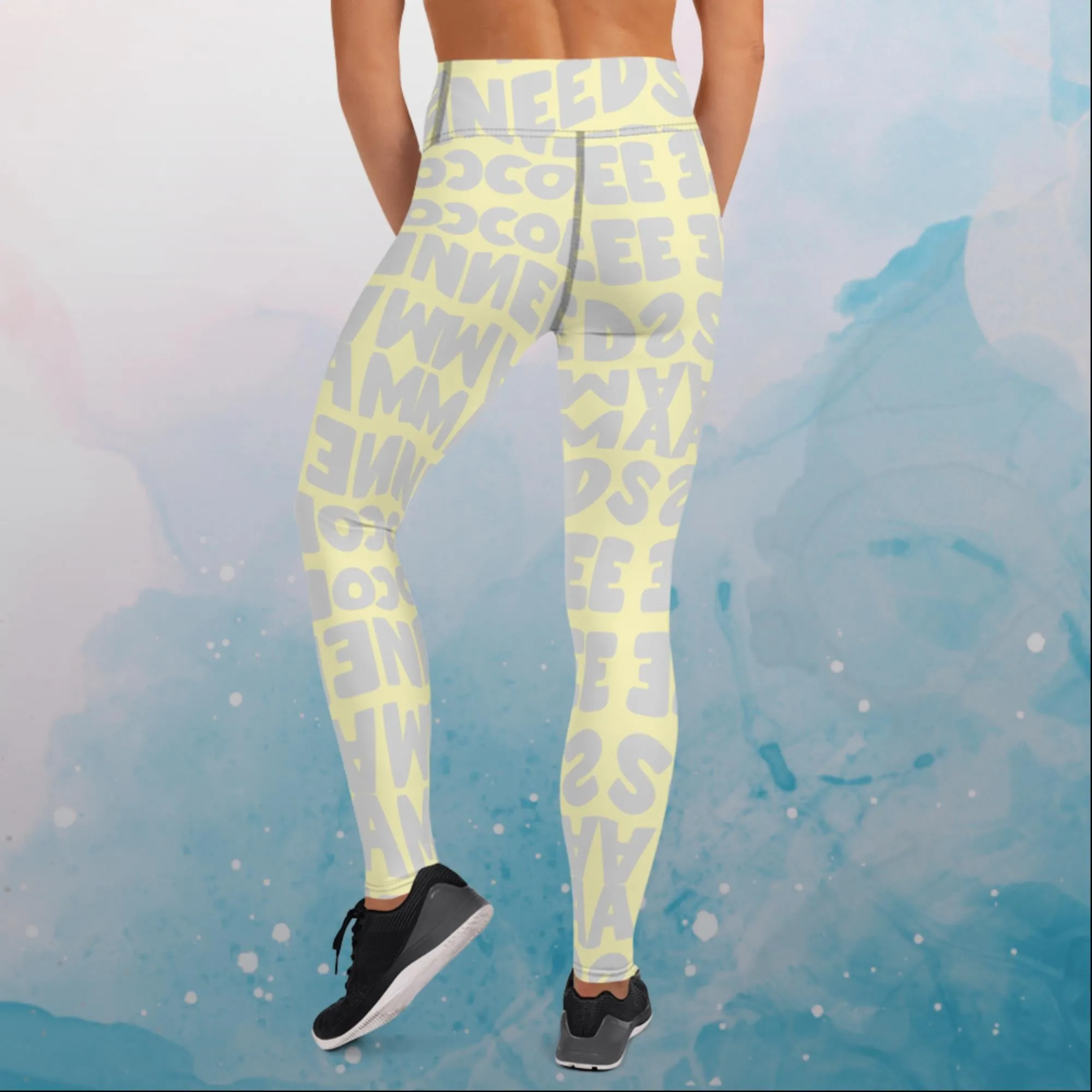 Momma Needs Coffee Yellow and Gray High Waist Leggings