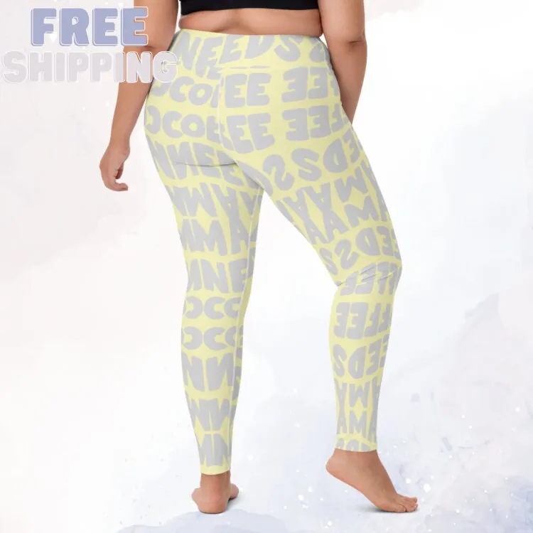 Momma Needs Coffee Yellow and Gray High Waist Leggings