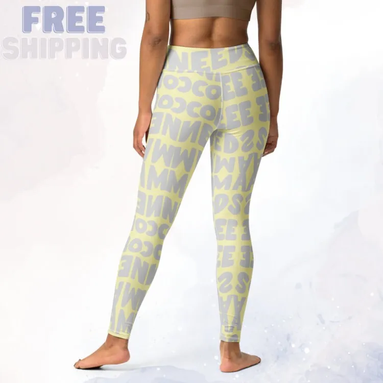 Momma Needs Coffee Yellow and Gray High Waist Leggings