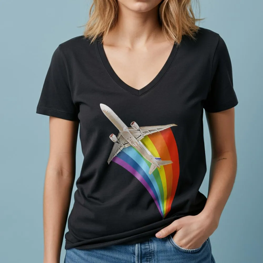 Plane Flying Rainbow - Women's V-Neck T-Shirt