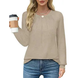 Rosvigor Blouses for Women Dressy Long Sleeve Shirts Casual Fall Tops Curved Hem Tunic with Pleats