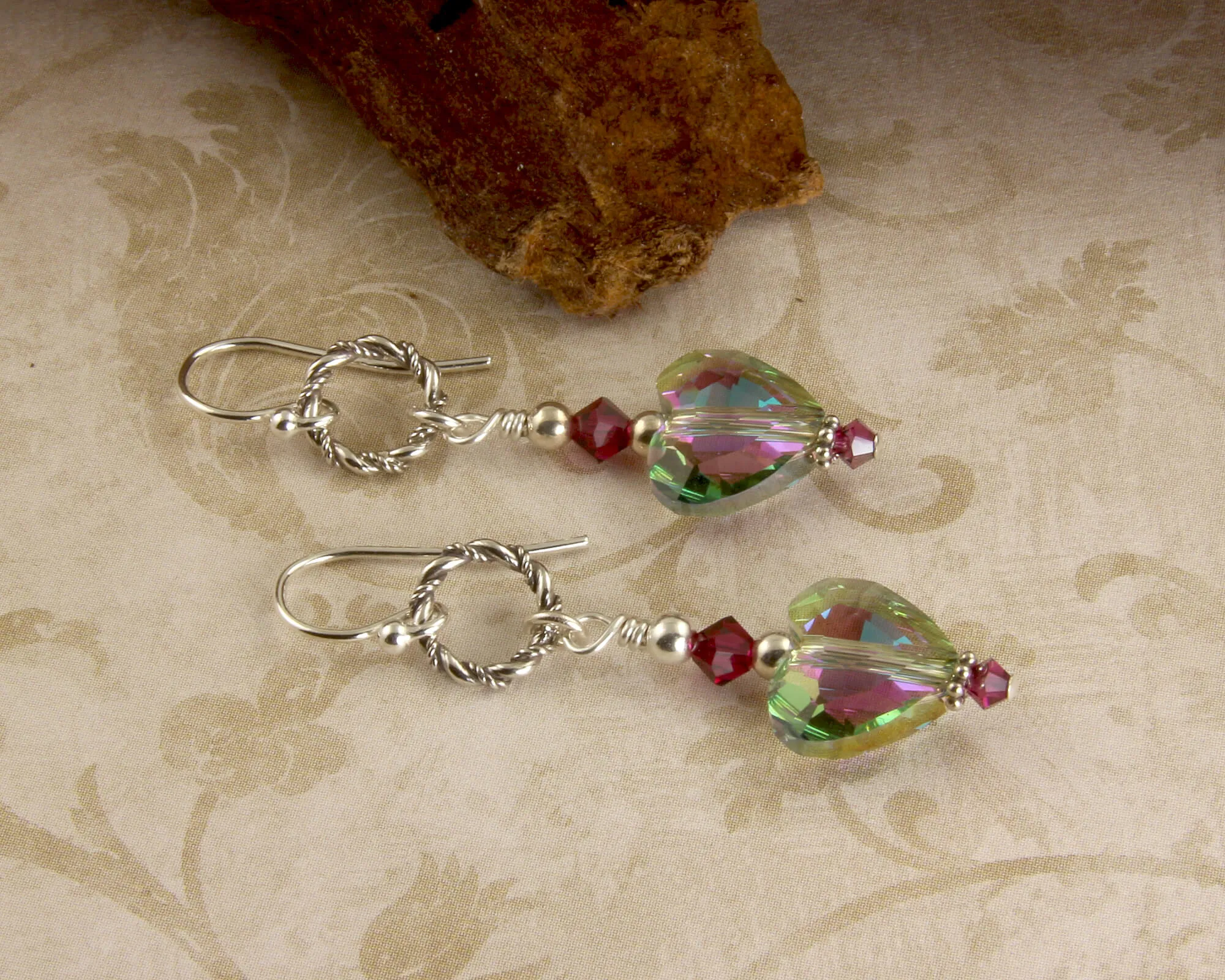 Ruby Swarovski Heart Crystal Earrings, Sterling Silver