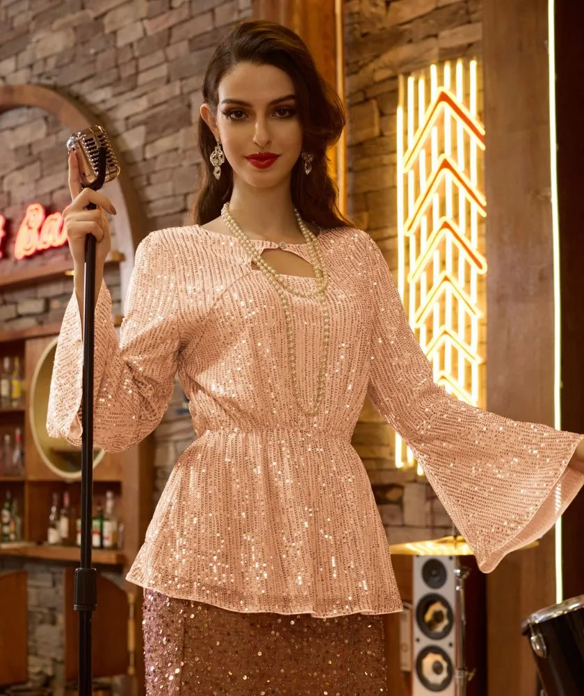 Sequin Tops for Women Long Bell Sleeve Cut-Out Sparkly Glitter Tops Blouse Party Night