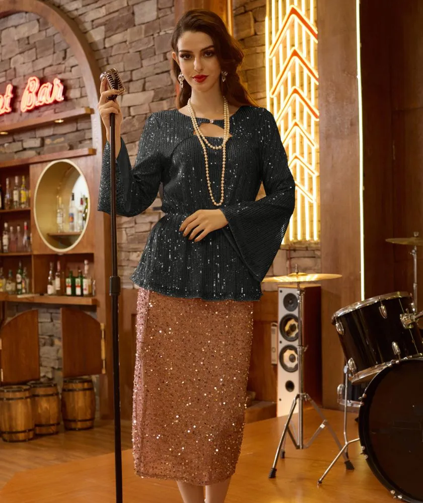 Sequin Tops for Women Long Bell Sleeve Cut-Out Sparkly Glitter Tops Blouse Party Night