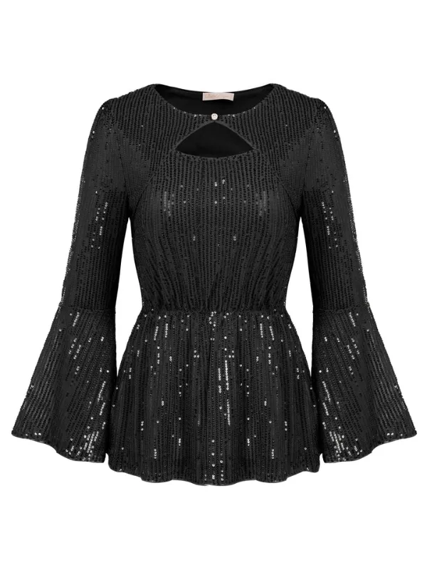 Sequin Tops for Women Long Bell Sleeve Cut-Out Sparkly Glitter Tops Blouse Party Night