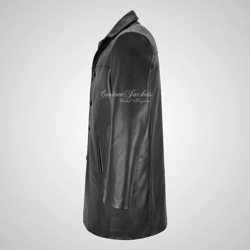 SERGEY Black Leather Trench Coat For Mens Thick Cow Leather