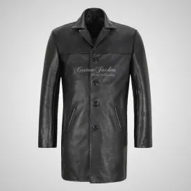 SERGEY Black Leather Trench Coat For Mens Thick Cow Leather