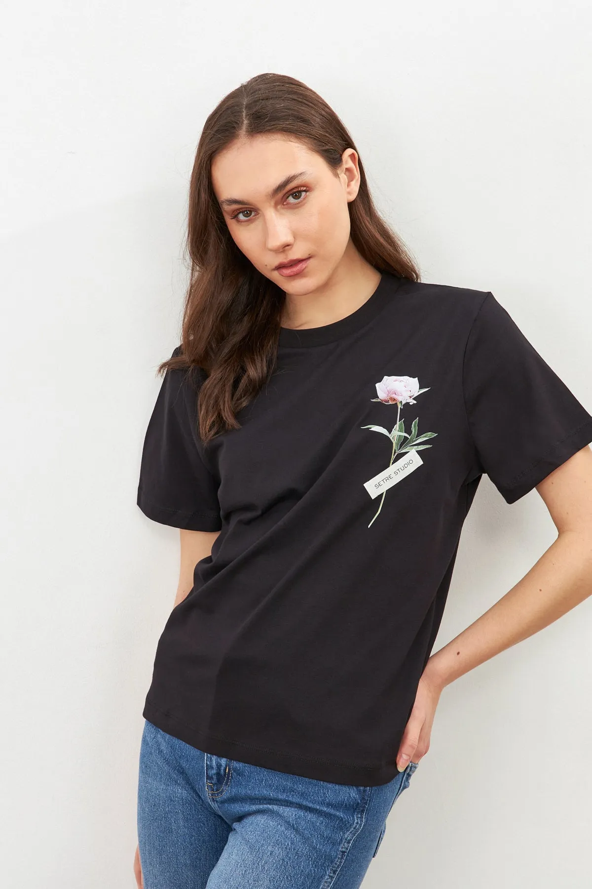 Setre Flower Detail Setre Banded T-Shirts Black