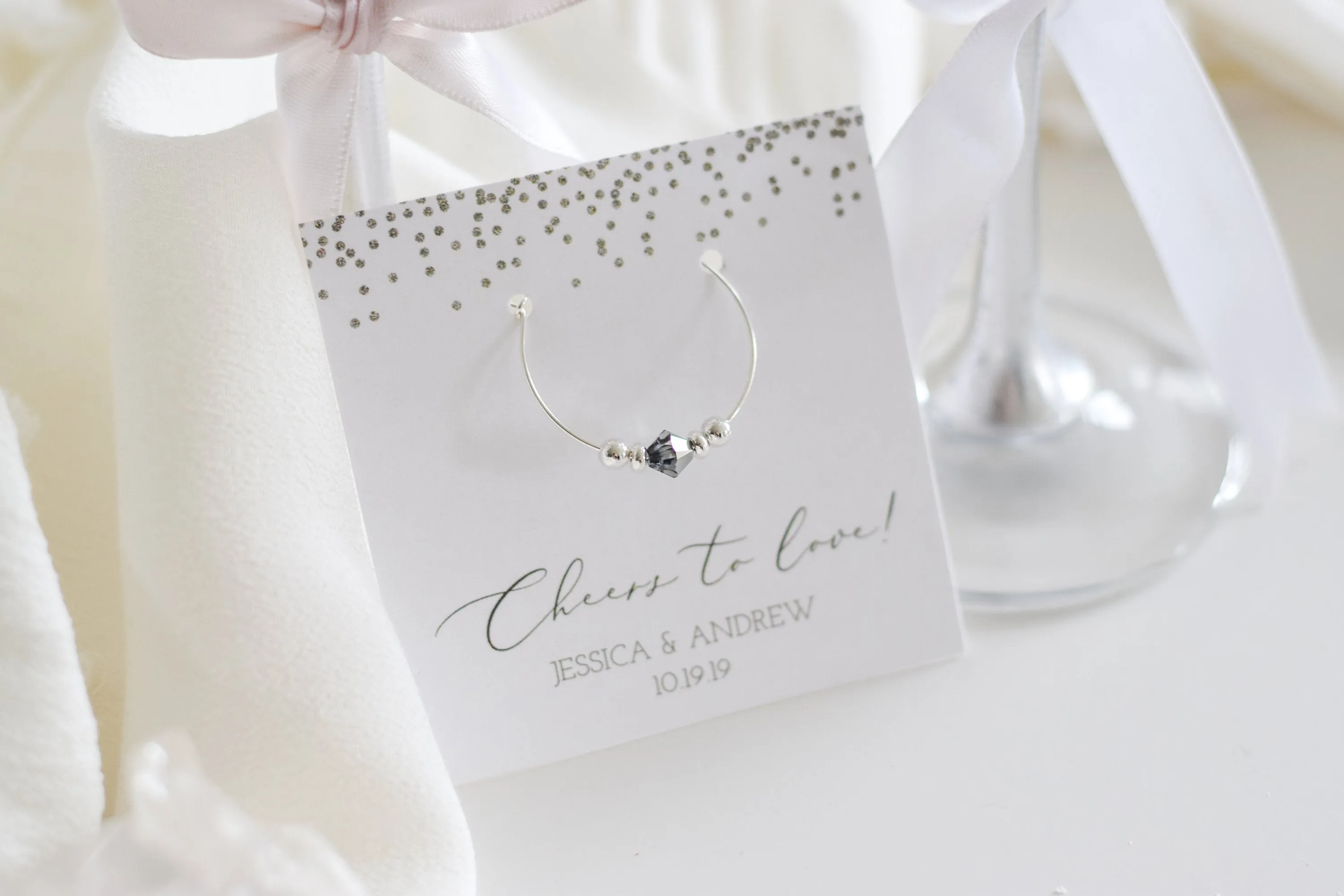 Silver Confetti Engagement Party Favors, Swarovski Crystal Wine Charm