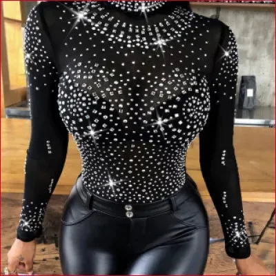 Studded Black Long Sleeves Bodysuit