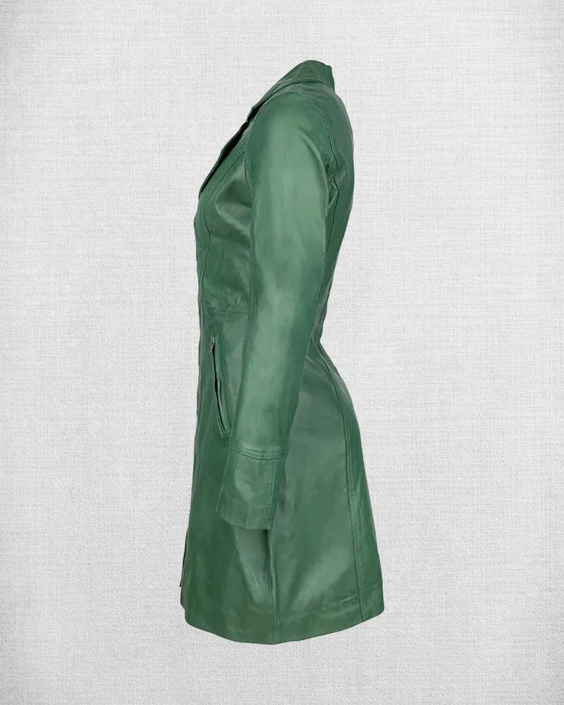 Stylish Green Leather Coat For Women