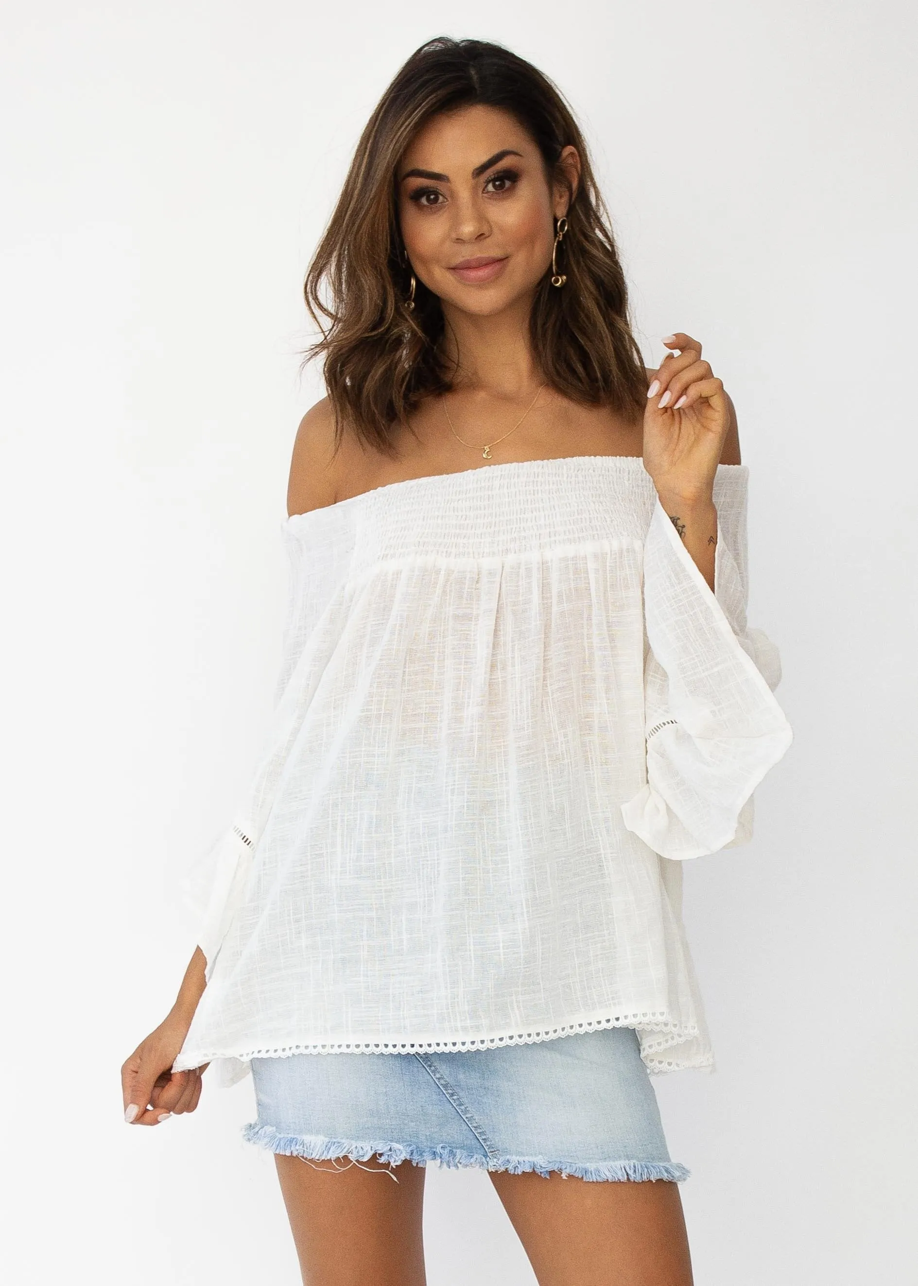 Sugar Night Off Shoulder Top - Sheer Ivory