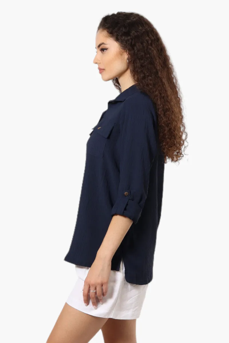 Urbanology Roll Up Sleeve Button Down Shirt - Navy