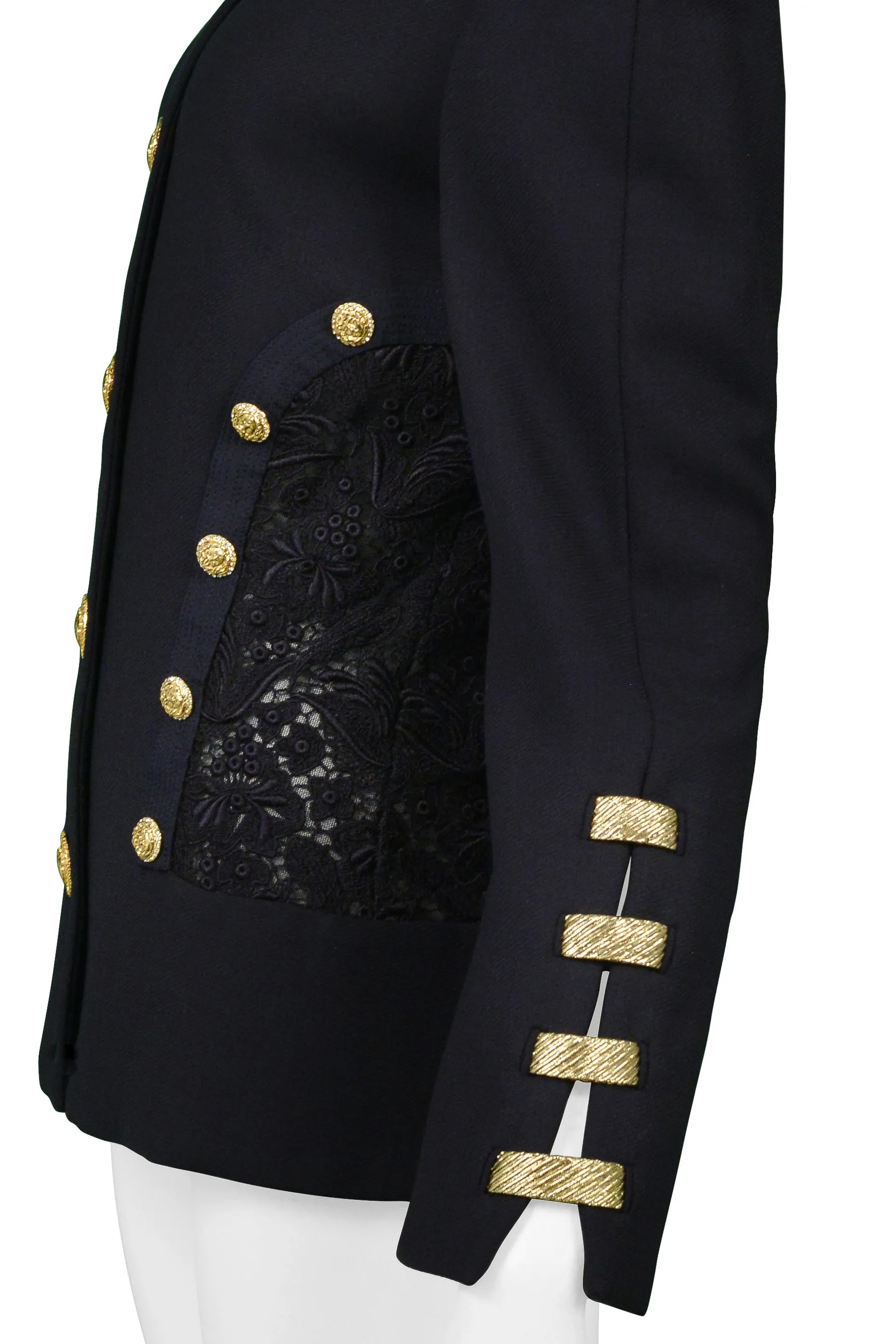 VERSACE  NAVY BLAZER JACKET WITH LACE BACK & GOLD BUTTONS SS 1992