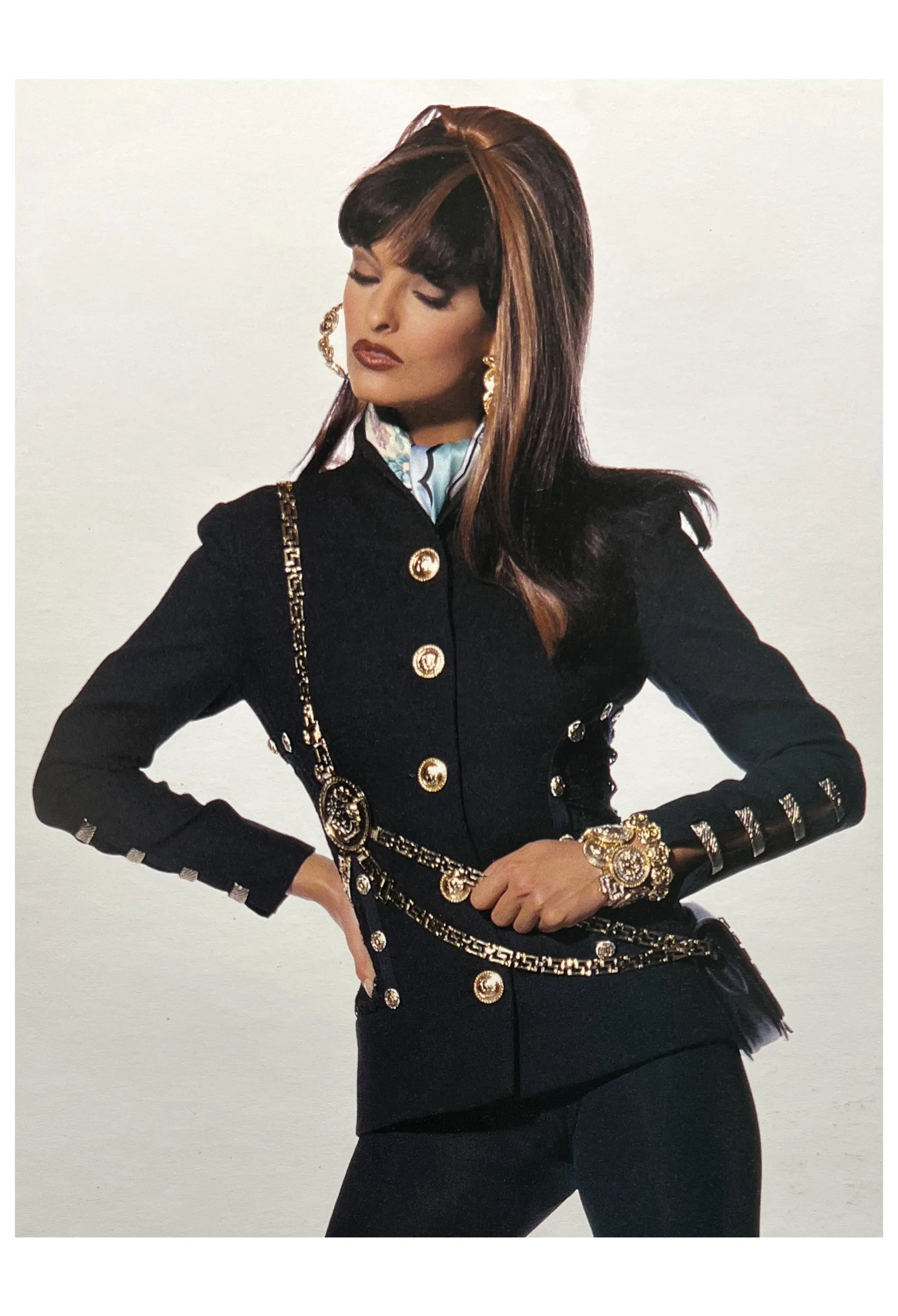 VERSACE  NAVY BLAZER JACKET WITH LACE BACK & GOLD BUTTONS SS 1992